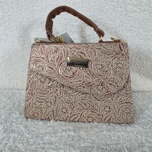 Metallic Cream & Brown Leather Crossbody Bag with Floral Embossed Design